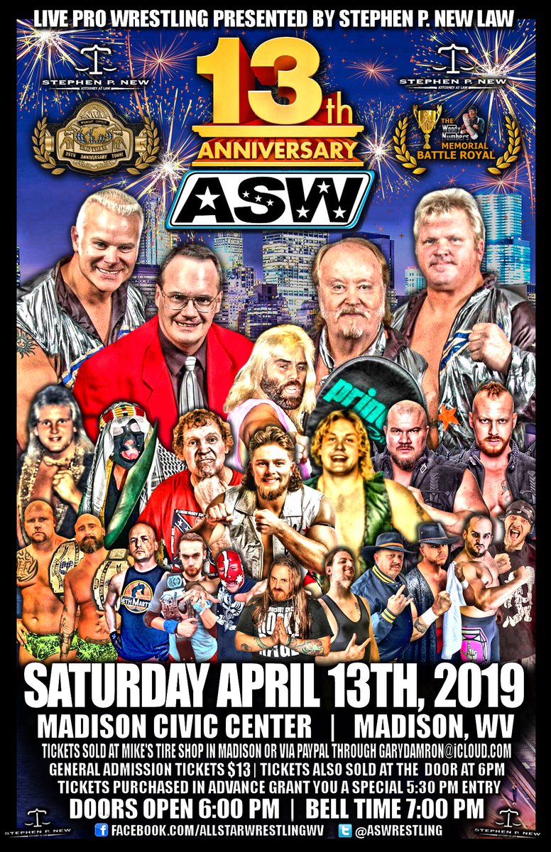GaryAsw's tweet photo. @aswwrestling celebrates 13 Years and celebrates 35 Years of the Midnight Express @TheJimCornette also @Crimson @TheJaxDane @FlyinBrianJr @sigmonwrestling @TheBobbyFulton @SOSonHRN @rockyrageKOS @shanestormwv Presented by @NewLawOffice https://t.co/K5TwNceND0