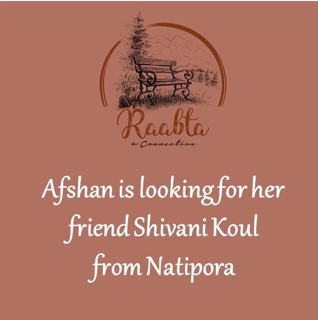RaabtaKashmir's tweet photo. I am looking for my childhood friend Shivani Koul who used to live in Natipora near Walden school. We were studying in Walden school in 1st standard till 1989.

Afshan Yousuf https://t.co/V4EQ3JlprN