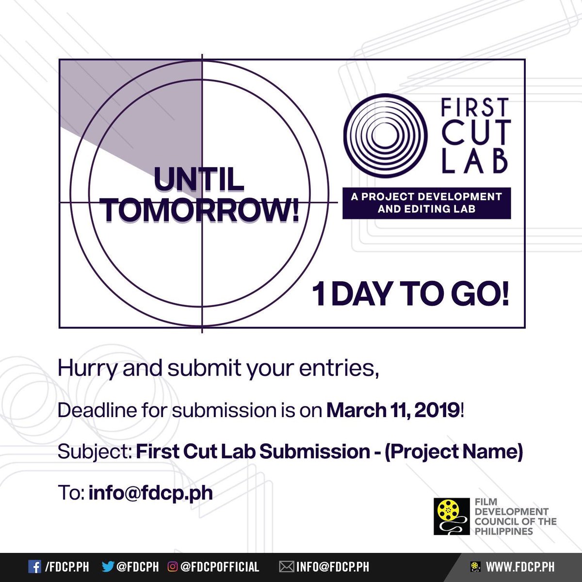 fdcpofficial's tweet photo. LAST DAY OF SUBMISSION TOMORROW!
See the full mechanics and full info here: https://t.co/wWpSZ10gB7
Entries and all requirements can be sent to the following:
Subject: First Cut Lab Submission - (Project Name)
To: info@fdcp.ph
#FirstCutLab https://t.co/mATiQ6YPrd