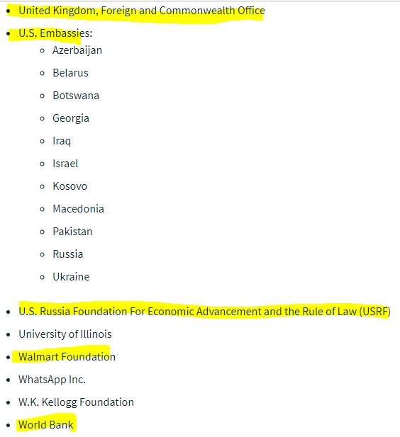 IREX, who works to bring 'independent media' to countries (read: US propaganda). Funded by the State Department itself, Open Society Foundation, Radio Free Asia, World Bank, Walmart Foundation, Ford Foundation, etc. etc.