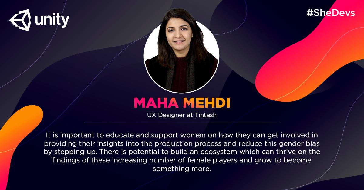 Unity3DIndia's tweet photo. Maha Mehdi, a UX designer, Tintash, feels there should be exposure given to the young girls for them to consider tech as a career. Here's her perspective on women to have strong representation in this industry. #SheDevs #WomenDevelopers #Unity3D #IndieDev
https://t.co/INZ33vp2iG https://t.co/m5CfZVXPtW