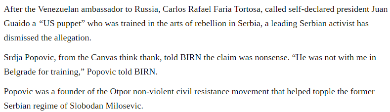 CANVAS has trained students and maintains contact with them in Venezuela. Popovic has denied working with Guaidó despite Venezuelan intel discovering this. While I haven't found any hard evidence, I think 1) it's likely and 2) regardless they have a hand in the situation