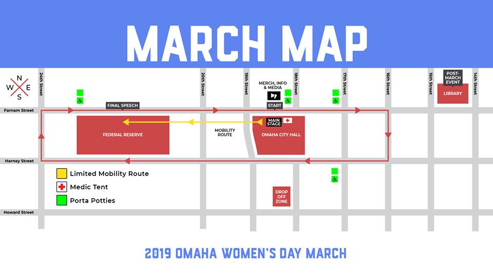 OMAWomensMarch's tweet photo. This the 2019 Omaha Women's Day March Route & Event Map. We suggest anyone carpooling or Ubering to the march drop off their passengers on the corner of S 18th St & Howard before parking. #happymarching #OWDM2019 #WearRed #MarchadelDiadeLasMujeres #OmahaWomensDayMarch https://t.co/mWk4qjhN2X