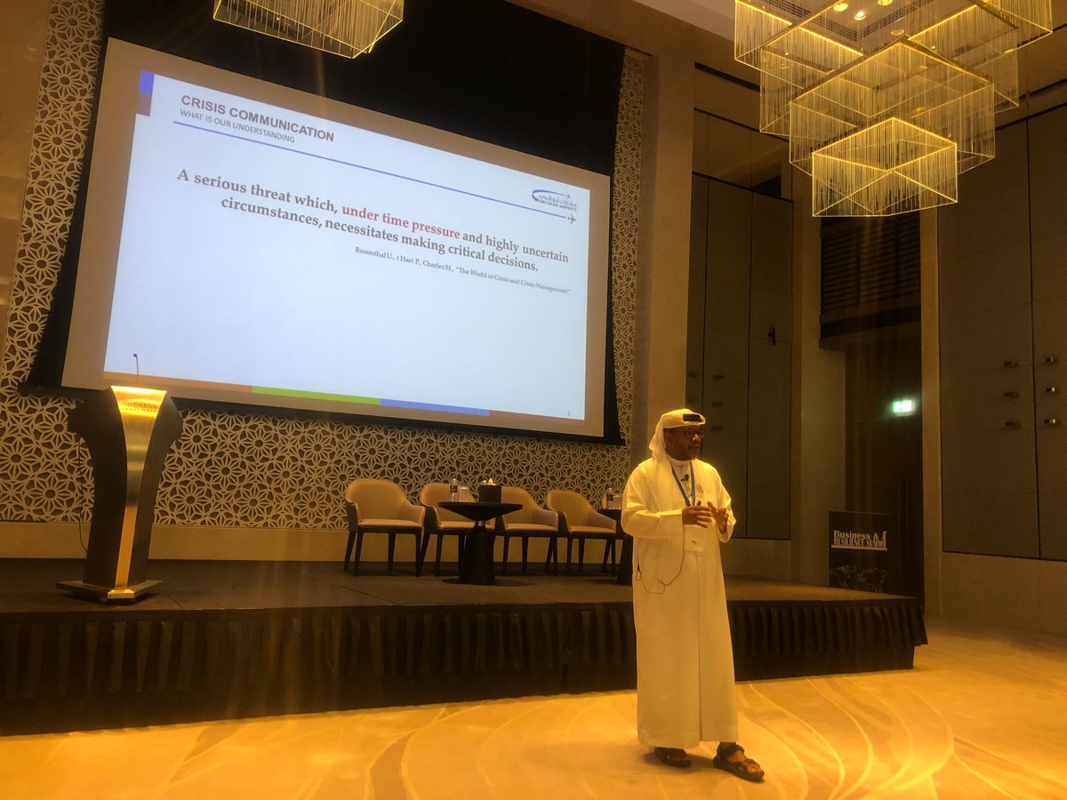 CORESummit's tweet photo. "Crisis Communications and BCM in the Aviation Sector" Amazing insights by Aws N. Al Khanjari from Abu Dhabi Airports Company sharing his views on the importance of Crisis Communication and Business Continuity Management in the Aviation Industry. #MEBusinessResilienceSummit2019 https://t.co/uND6lPFkBn