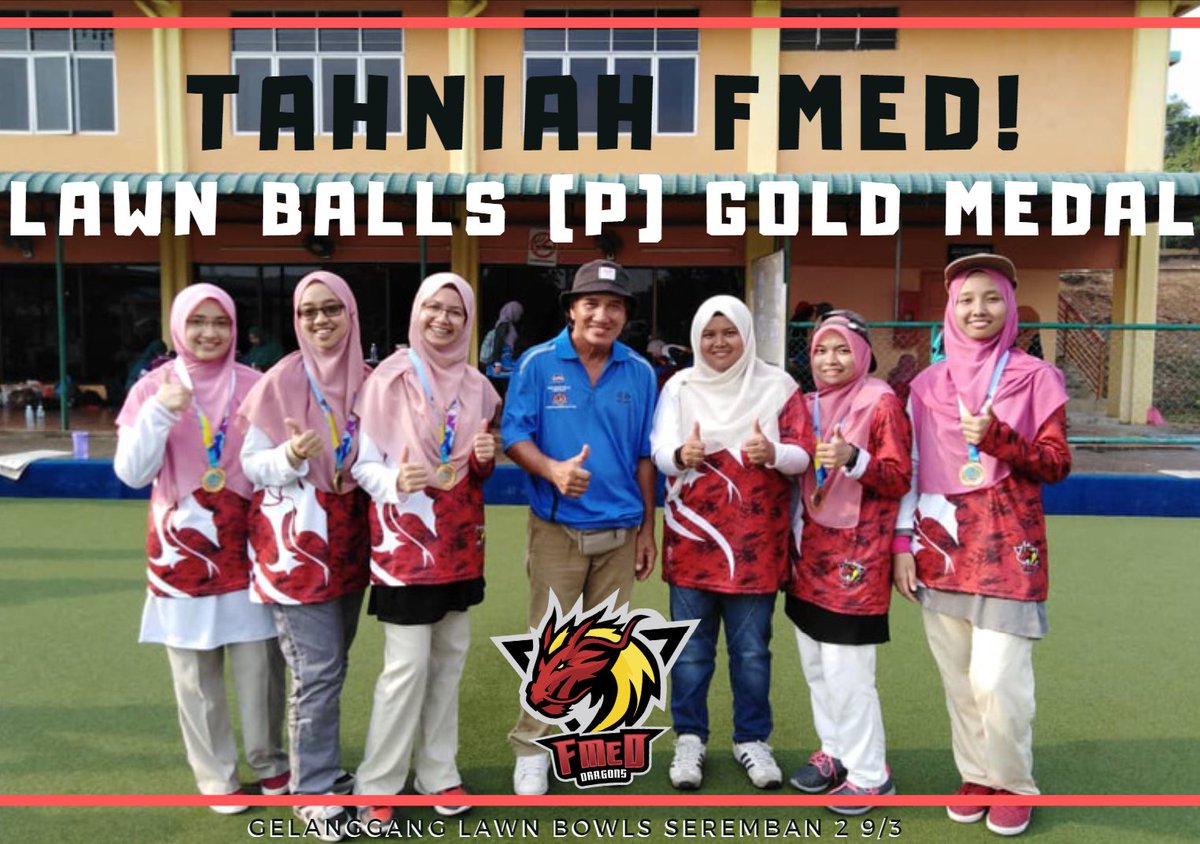 DscTwt's tweet photo. Tahniah kepada Pasukan Lawn Bowls FMeD Wanita kerana telah berjaya mendapat pingat emas di dalam Sukan Antara Fakulti 2019!!Syabas dan tahniah juga kepada Pasukan Tenis FMeD yang  mendapat pingat perak serta  Futsal (P) dan Pasukan Badminton yang berjaya meraih tempat ke-4. https://t.co/G6dLi1Ntpr