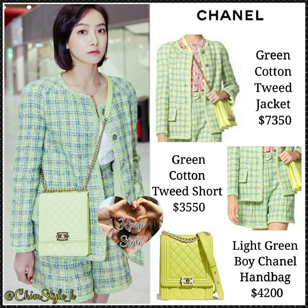 🌸 KPOP STYLE 🌸 on "190307 #fx's #Victoria Studio Weibo Update 💰😎 From CHANEL 👇 - Green Tweed Jacket ($7350) Pant - Green Cotton Tweed Short ($3550) Bag -