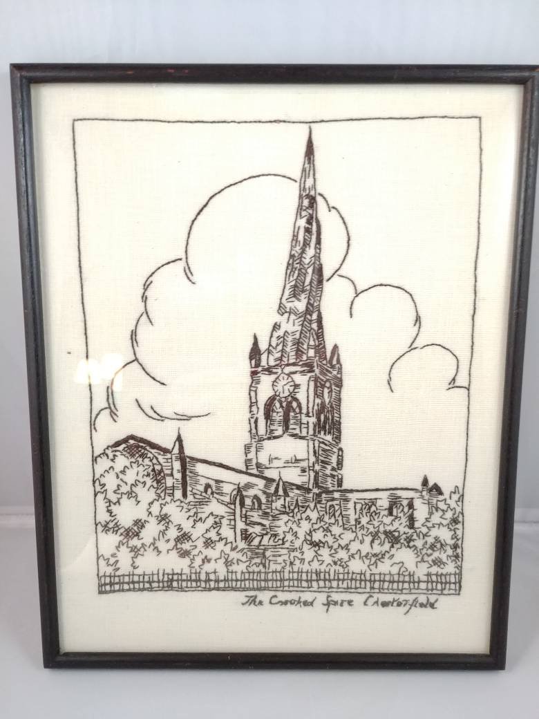 Vintage Embroidery Picture of the Crooked Spire Chesterfield England etsy.me/2SWzwim #art #fiberart  #england #vintageneedlepoint #embroiderypicture #linen #bettysattictreasures