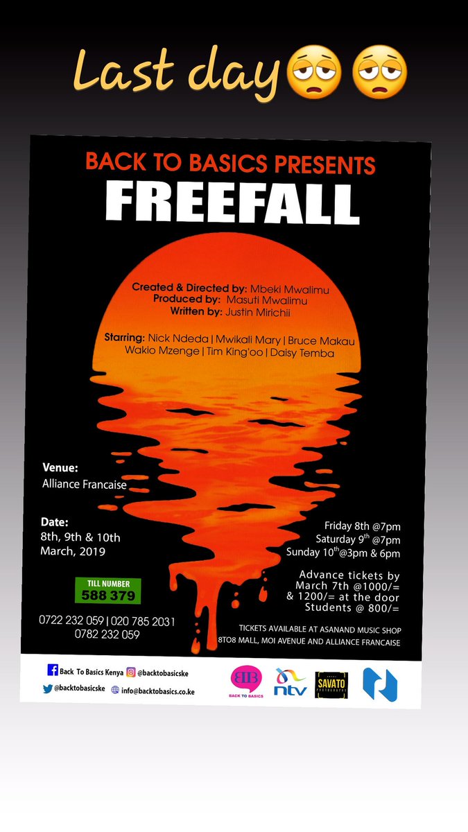 ndupsydee's tweet photo. Last day of Freefall
We have 2 shows today one at 3pm and another one at 6pm!!
Seats are still available!!
Details on Freefall poster @backtobasicske
#B2BFreefall
#smallgirlwithaBIGGod
#theatreway https://t.co/01EiRN9jhC