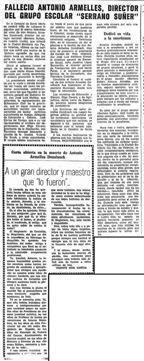 amparmelles's tweet photo. Esta semana se han cumplido 40 años de la muerte de Antonio Armelles Doménech, el profesor que dio nombre a nuestro colegio. Desde aqui le recordamos con este recorte de @epmediterraneo. https://t.co/ZK9NmXyZwQ