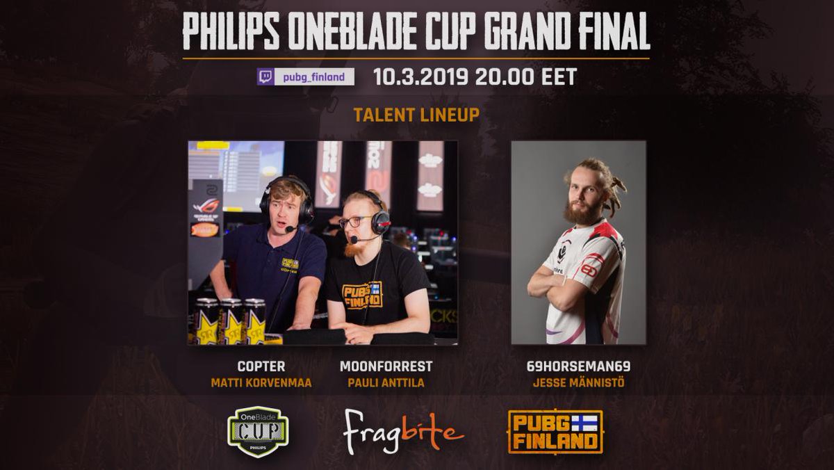 🎮 Tänään pelataan klo 20:00 alkaen Philips OneBlad Cupin Grand Final

🏆 Potissa jaossa 50 000 SEK

🇫🇮 Suomen värejä finaalissa edustavat <a href="/GPOpubg/">Great People Only</a>, @Quickmathpubg, @uMx_Gaming &amp; <a href="/LastCrew_PUBG/">Last Crew</a>

📺 twitch.tv/pubg_finland
ℹ️ fragbite.se/pubg/news/4382…

#esportsfi <a href="/fragbitecom/">Fragbite</a>