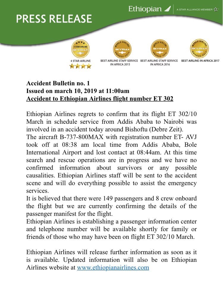 KidistGirma2's tweet photo. Shocked to say the least!  I have take this fight more than 40 times in the last 5 years. It is one of the best airlines. All my condolences to the families and we will keep you in our prayer. #EthiopianAirlines #ET302Crash https://t.co/PXn7VU6mRi