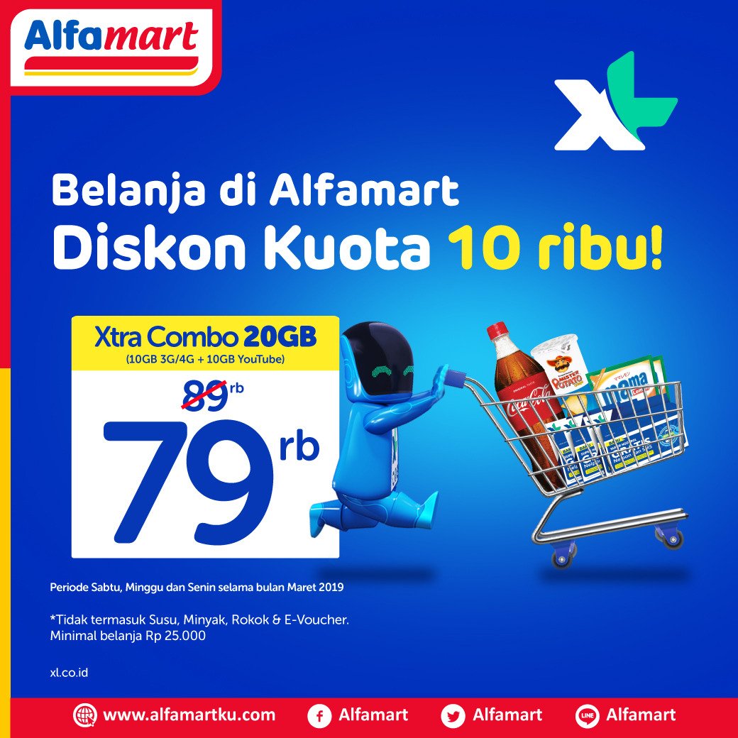 alfamart's tweet image. Diskon 10rb setiap pembelian Xtra Combo mulai dari 20Gb disertai dengan pembelanjaan minimal 25rb. info lengkap klik Alfamartku.com #Alfamart
