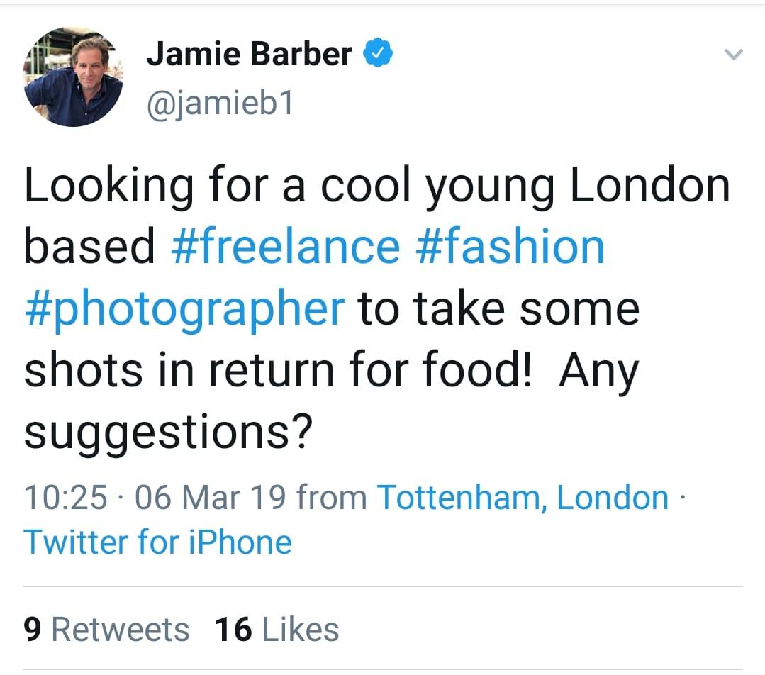 StefanoBrunesci's tweet photo. .@jamieb1 are you fucking kidding us with this shit? Do you cook a meal for one of your celebrity clients in return for scraps? #fuckexploitation #getlost #jamiebarber #workingforfree https://t.co/4Nf4cZCWwf