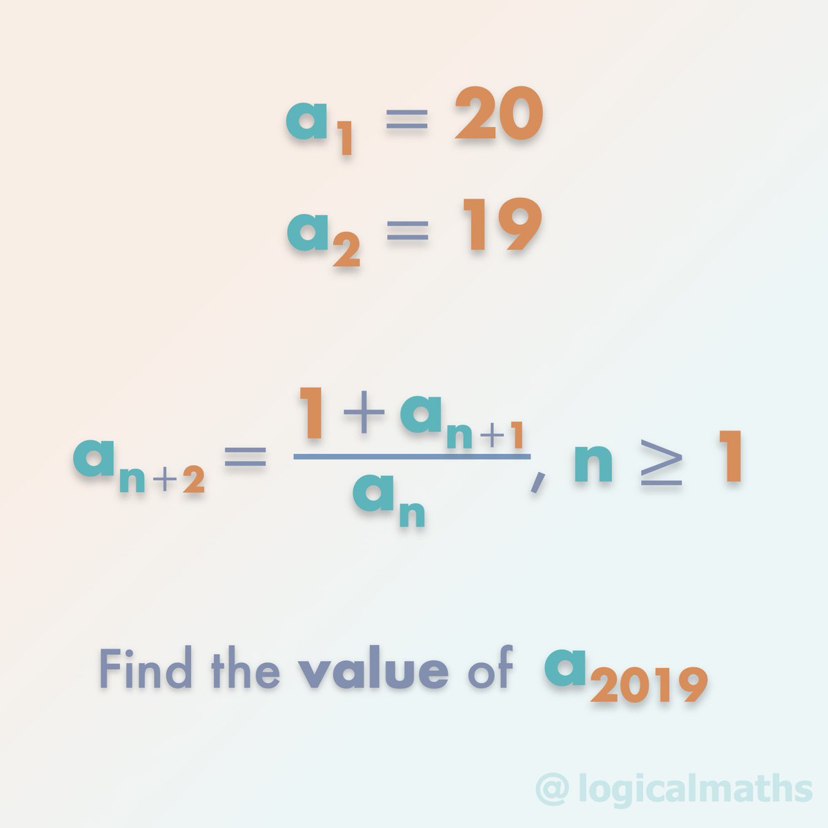 pro__logic's tweet photo. SOLUTION TO THE PROBLEM:
https://t.co/LXVNu1vPc4
The 1st term of a sequence is 20. The 2nd term is 19. After that, each term is given as a function of the two preceding it by the given relation.
#logicalmaths #iteachmath #calculus #maths #solve #math #sequence #term #solution https://t.co/hPFsmVMaPB