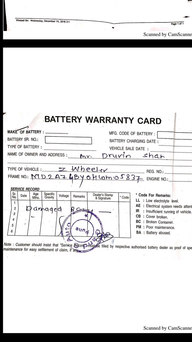 dhrushah29's tweet photo. @Bajajauto @JagoGrahakJago_
@motorcycleyogi
V15 Purchased on 13/3/2018 from G&amp;G BajajPune
Within 9months Battery Got Discharged.

When Visited @amaronbattery
Service centre, got to know battery is already Out of Warranty period.

Since then nobody is ready to take responsibility. https://t.co/mPdSwv9xaW