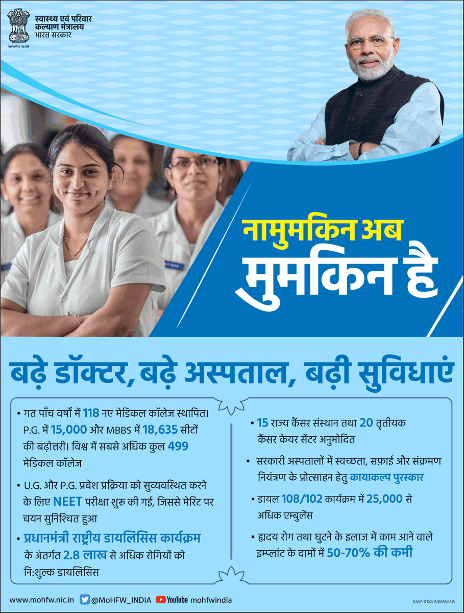 mygovindia's tweet photo. बढ़े डॉक्टर, बढ़े अस्पताल, नामुमकिन सब हुआ मुमकिन। ईमानदार प्रयास से देखिए देश में बेहतर हुई स्वास्थ्य सुविधाएं। #NamumkinAbMumkinHai #GOIInformation https://t.co/5VNDVg9o0n