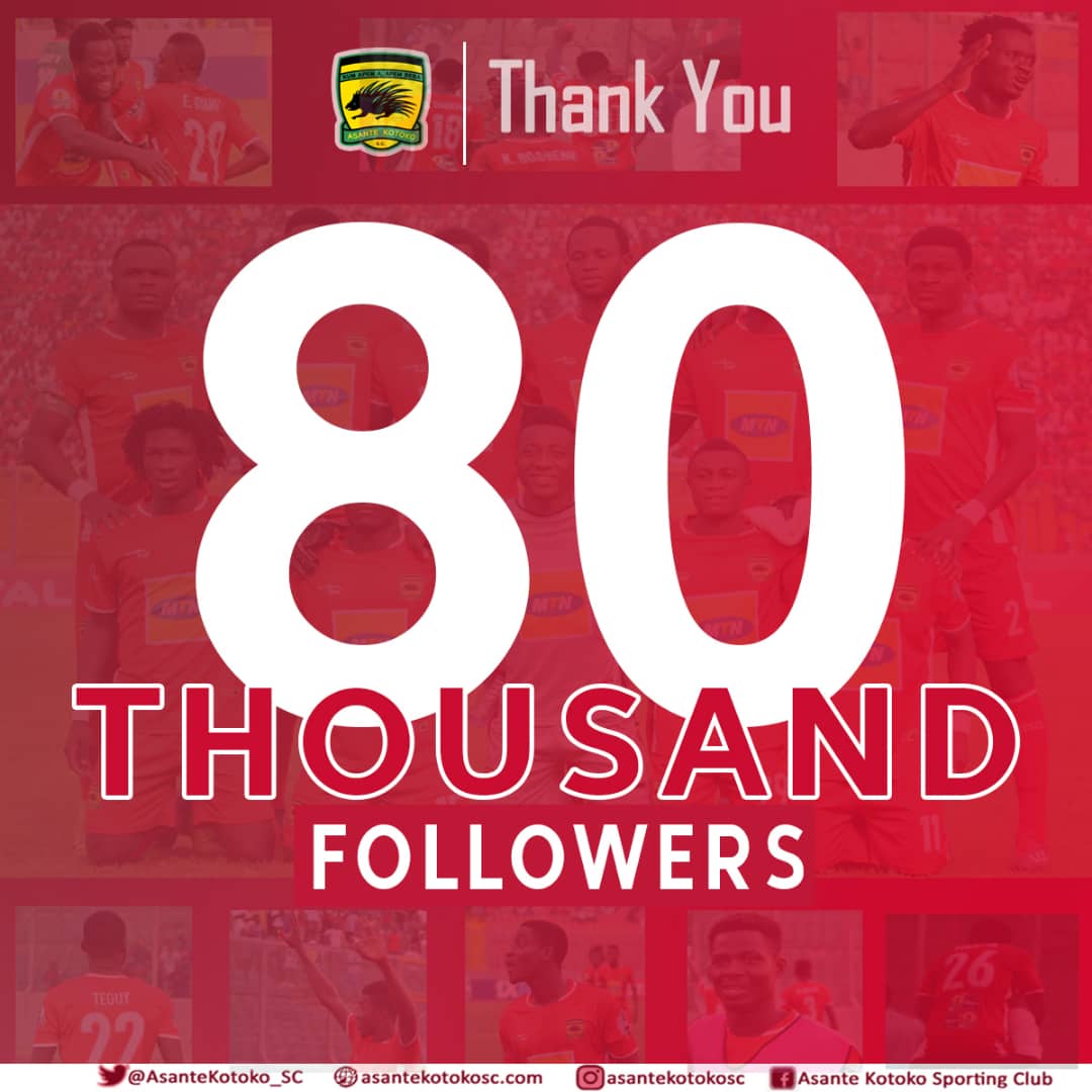 AsanteKotoko_SC's tweet photo. We've reached 80k followers on @Twitter!, and grateful to have engaged so many passionate Kotoko fans around the world.

@AsanteKotoko_SC have more Twitter followers than any football club in Ghana 🇬🇭!
 
Stay tuned for all the latest matchday news.

#AKSC #AKAH https://t.co/Og3o8XpRoV