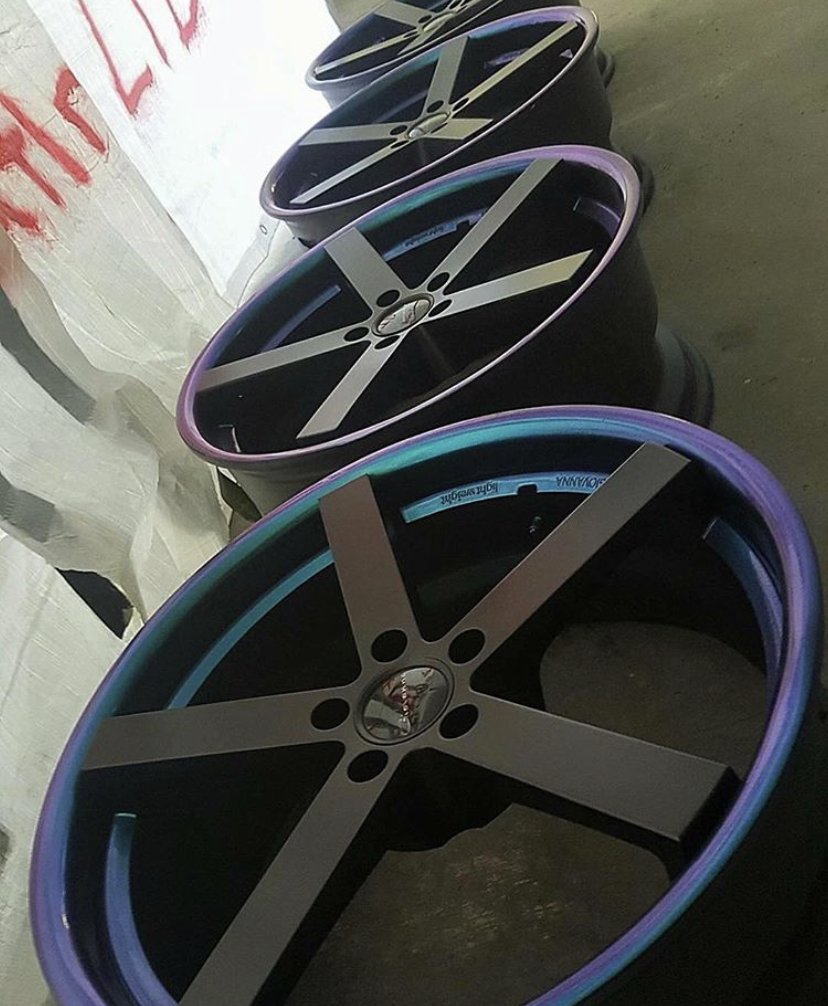 LuxCoating's tweet photo. A set of Unique wheels #liquidwrap #removablepaint #colorshift #peelable #noharm #luxcoatings #trucks #pro400 #selfhealing #sprayednotlaid #vinylkiller #notvinylwrap #matte #gloss #protectyourpaint #paintisdead #chicago #Manufacturing #DIY #CHANGE #cars https://t.co/vWeuuoHJGd