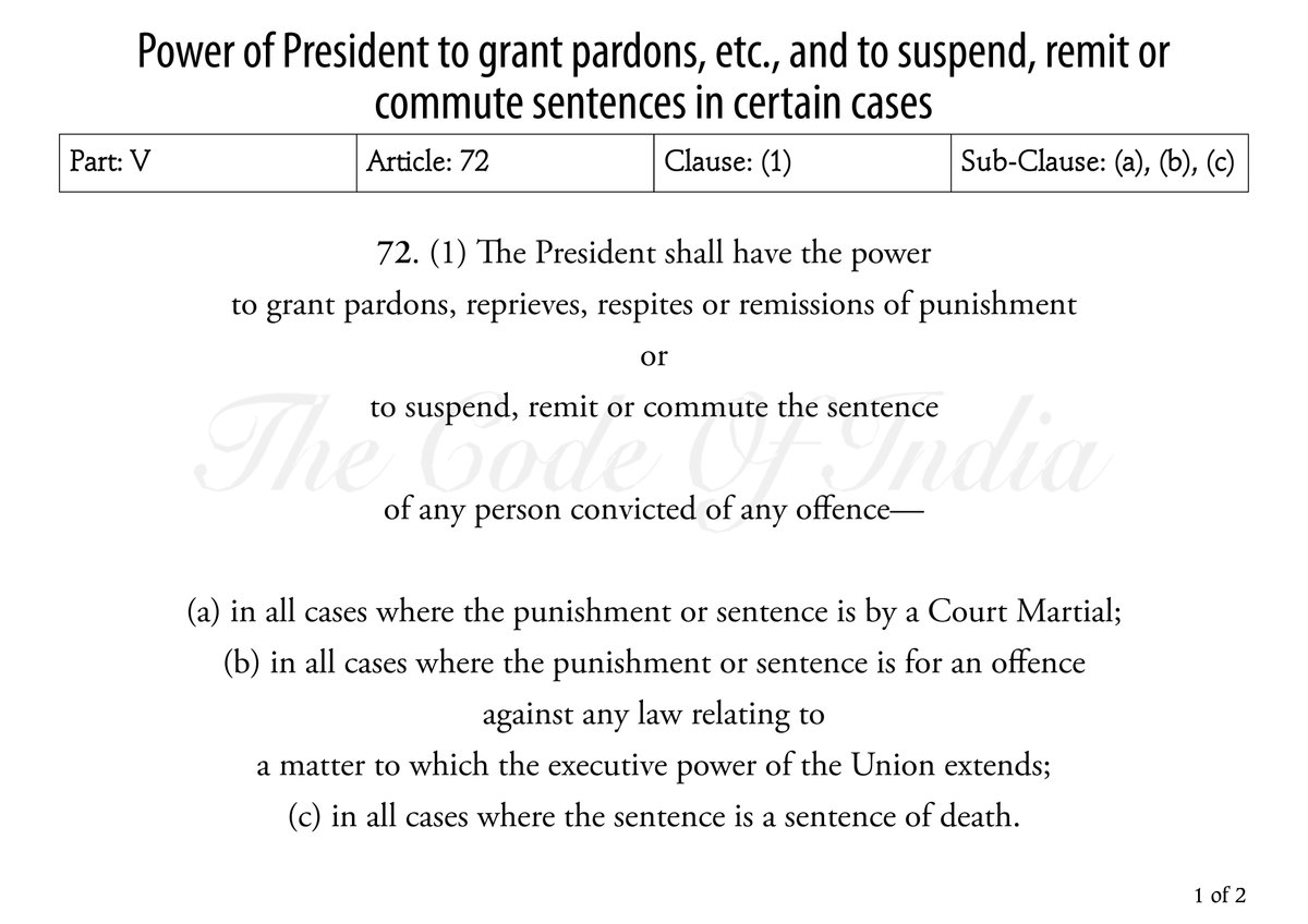 TheCodeOfIndia's tweet photo. Power of President to grant pardons, etc., and to suspend, remit or commute sentences in certain cases #Article72 #ThePresidentOfIndia #Pardon #Reprieve #Respite #Remit #Commute #Suspend #Chapter1 #TheExecutive #Part5 #TheUnion #India #TheConstitutionOfIndia #TheCodeOfIndia https://t.co/rdIWd50Lhk