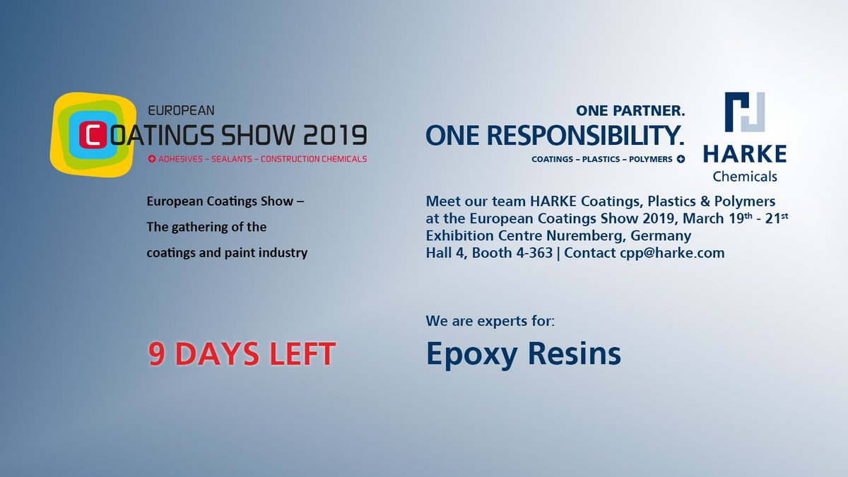 HARKEChemicalsG's tweet photo. 9 days left until #ECS2019 starts in Nuremberg, Germany. Our Team HARKE CPP looks forward to welcoming you at booth no. 4-363, hall 4. We are experts for Coatings, Plastics & Polymers, for example Epoxy Resins. cpp@harke.com | #OnePartnerOneResponsibility #ConnectingWorldMarkets https://t.co/tQVtHx8b81
