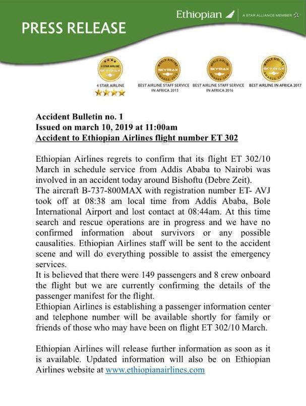 BREAKING: A search and rescue operation is underway after an Ethiopian Airlines 737 passenger airliner with 149 passengers and eight crew members on board crashed shortly after it departed Bole International Airport for Nairobi, Kenya.

#NBSUpdates
