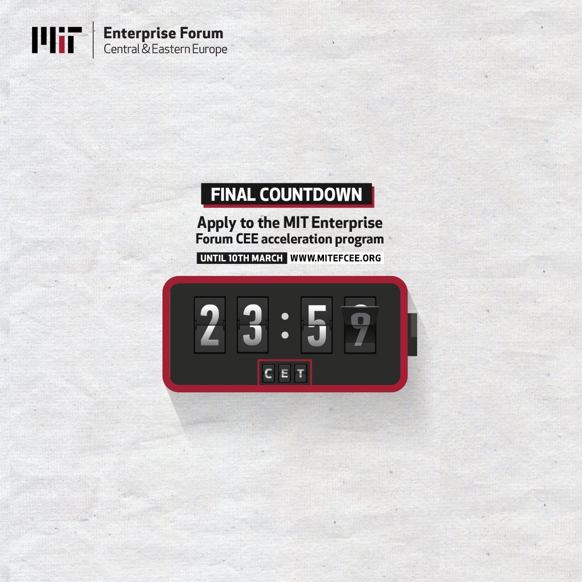 CEE TECH STARTUPS‼️ CEE TECH STARTUPS‼️
There's only several more hours until the recruitment period to MIT Enterprise Forum CEE​ ends and the application form goes offline‼️

We're only waiting for your applications until midnight‼️
➡️ bit.ly/ApplyToMITEFCEE ⬅️