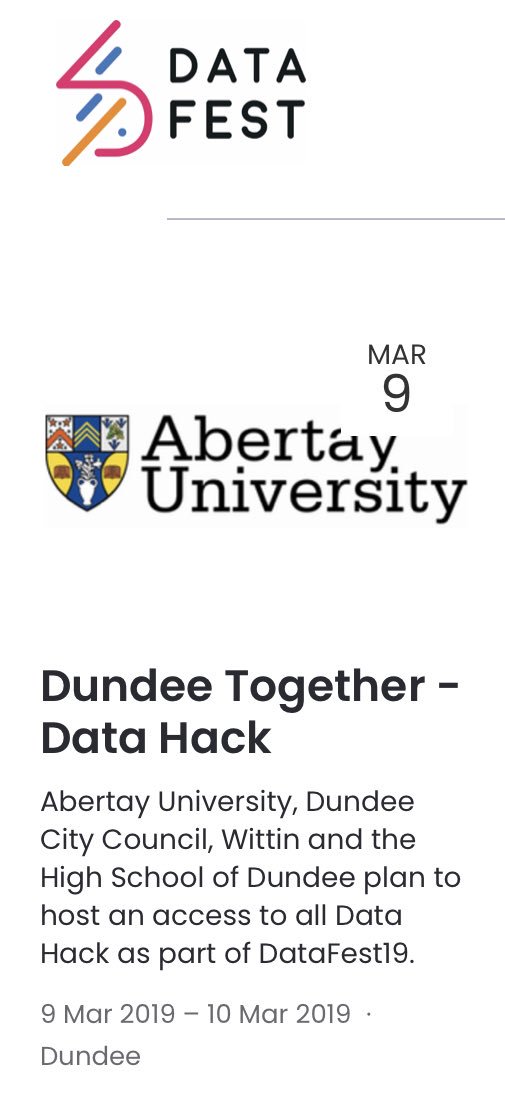 We’re back hacking open data from <a href="/DundeeCouncil/">Dundee City Council</a> today again! Come see what’s going on <a href="/AbertayUni/">Abertay University</a> with @wittincouk as part of @DataFest_ 19 showcasing the best the UK has to offer in data science with the amazing folks <a href="/DataLabScotland/">The Data Lab</a> #DataTogether #DundeeTogether <a href="/HSofDundee/">HighSchoolofDundee</a>
