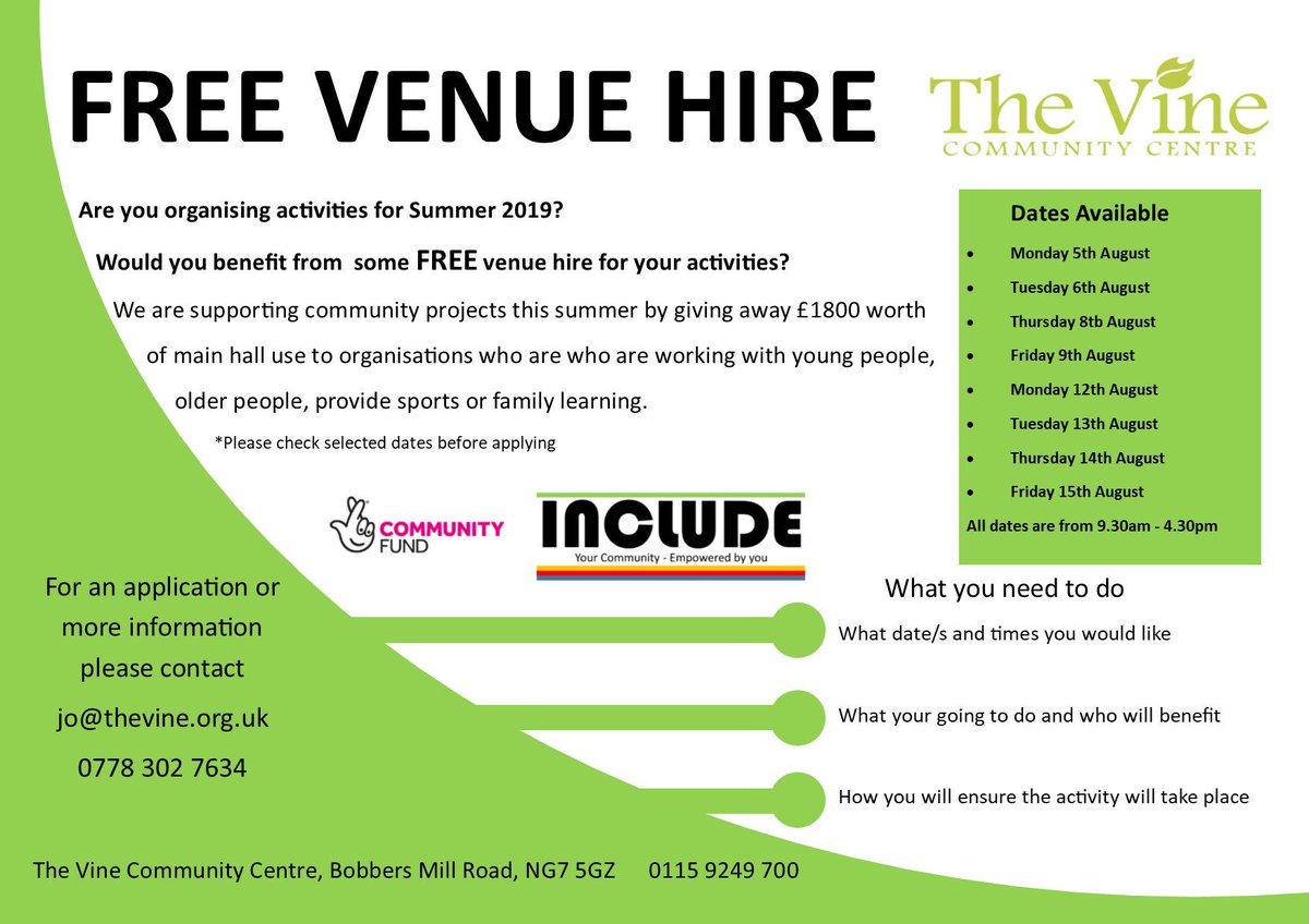 Vine_CC's tweet photo. FREE venue hire  if you’re supporting our priority groups why not apply for some venue time in August. @RenewalTrust @CastleCavendish @Met_Notts @ceo_notts @carersfedayc @NottsSportsGrp @InfusedLearn @base51 @NottinghamCVS @NottmCommunity @MyNottingham https://t.co/jl0BlVD7aL