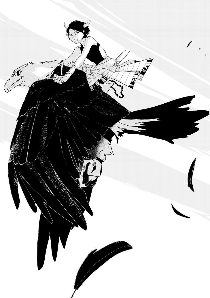 #角の男裏話
こちらもかなり初期のジャオのキャラクターデザイン。王鷲のデザインがハリスホークより大鷲に近い。 