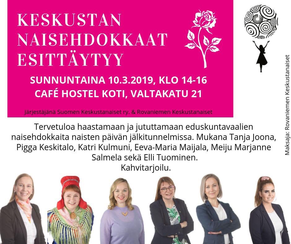 EMMaijala's tweet photo. Naisten yhteistapahtuma Rovaniemellä tänään klo 14. Tervetuloa! Menen sitten vielä Sonkaan klo 17 Kylätalolle omaan vaalitilaisuuteen. #keskustanaiset #eduskuntavaalit @Keskustanaiset @keskusta @PiggaKeskitalo @KatriKulmuni @TuominenElli https://t.co/iNPgvZX8c5
