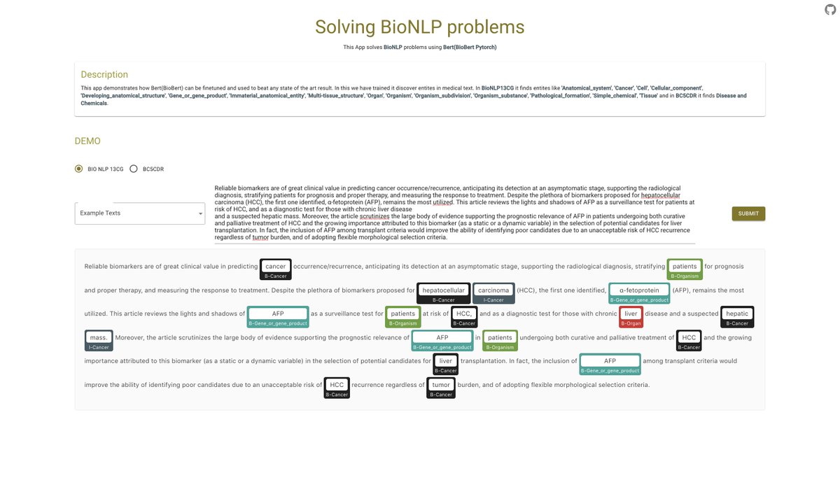 me_rajat_gupta's tweet image. This app demonstrates how bert can be finetuned to solve BioNLP problems. 
Try it at http://13.72.66.146:5000/ . 
Github Repo :- github.com/MeRajat/Solvin… .  

Thanks @huggingface @PyTorch 

#BERT #NLP #BIONLP