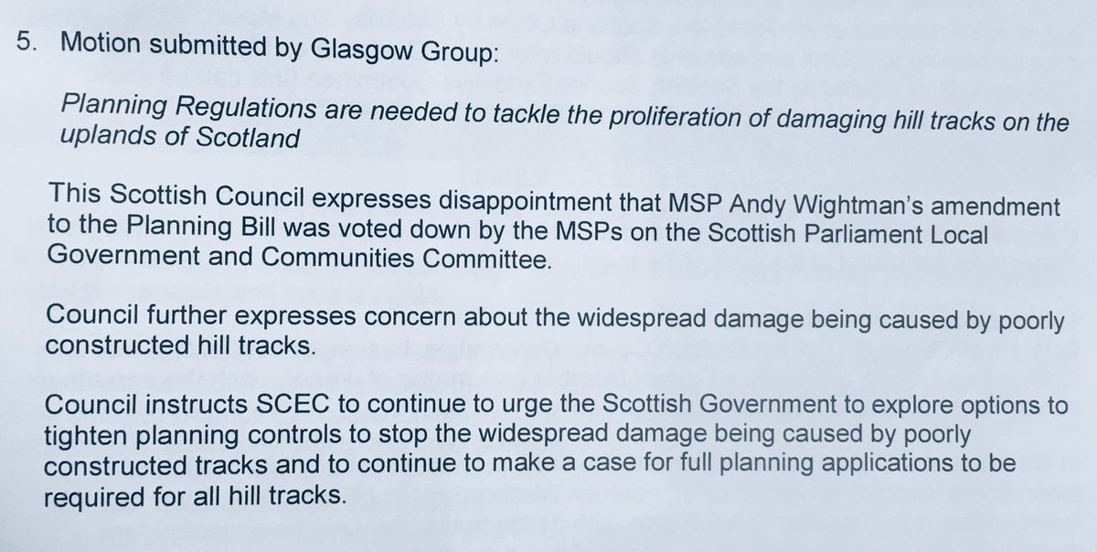 ramblersscot's tweet photo. Unanimous support for @RamblersGlasgow’s motion at #RamblersSC19, calling for tighter regulations to tackle the spread of vehicle tracks in Scotland’s uplands. 

It also expresses disappointment at @SP_LocalGovt voting down @andywightman’s #hilltracks amendment to Planning Bill. https://t.co/tNKbD7hlpk
