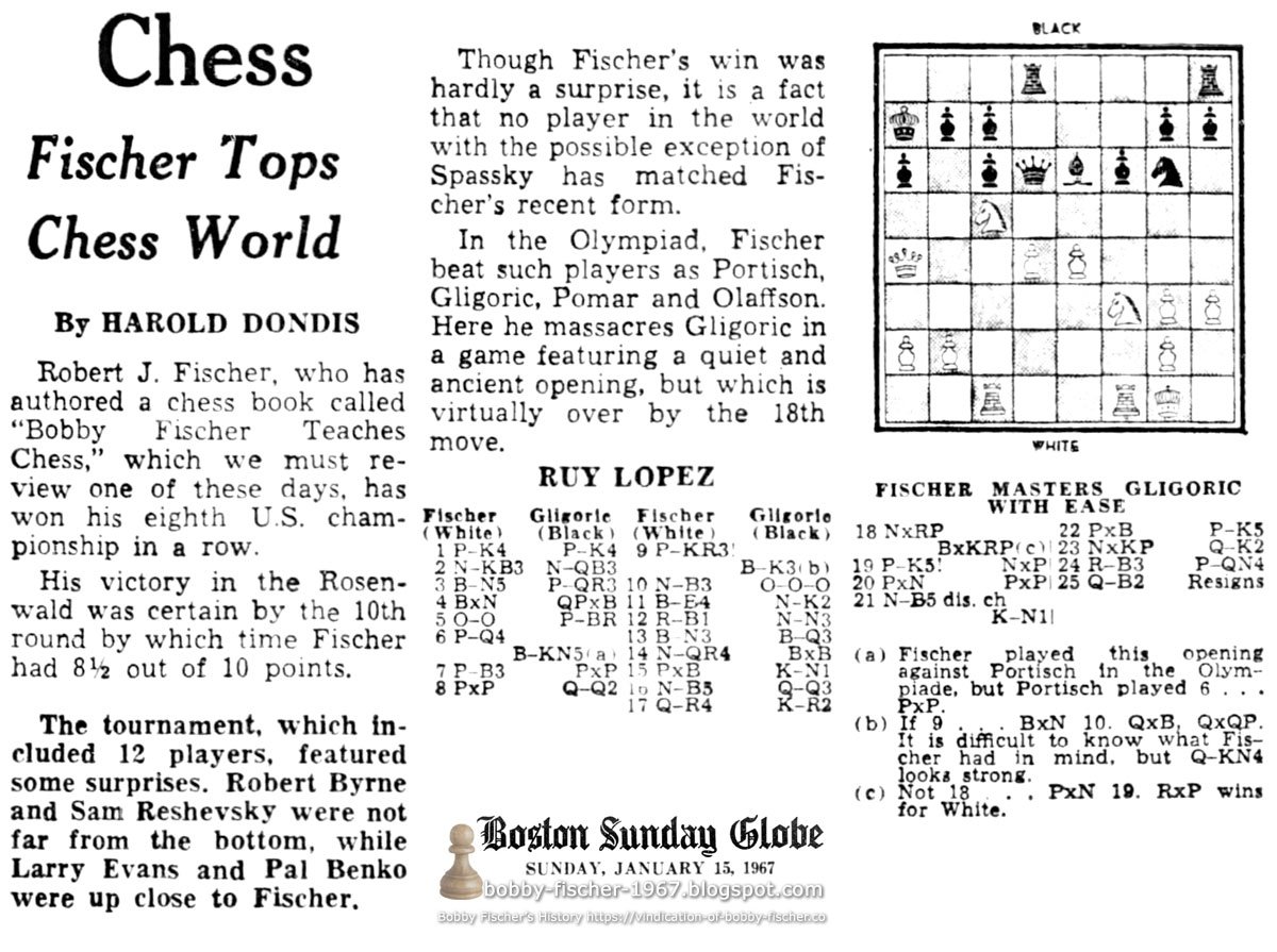 1967_bobby's tweet photo. The Boston Globe Boston, Massachusetts Sunday, January 15, 1967

Chess: Fischer Tops Chess World
Robert J. Fischer, who has authored a chess book called “Bobby Fischer Teaches Chess,” which we must...

https://t.co/ZrSimWnYys

https://t.co/2ih90KjLaL

https://t.co/KLVvn9FhLN https://t.co/vcpWPGGZLf