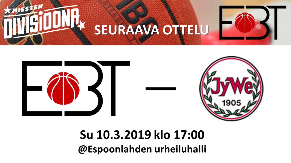 EBTMiehet's tweet photo. Kauden viimeinen kotipeli tänään Espoonlahdessa! Tulisiko vihdoin myös kotivoitto? Ottelun @EBTMiehet vs #JyWe aloitusheitto on klo 17:00. Tervetuloa katsomaan ja kannustamaan! #M1DB #ebtrising https://t.co/3JzutsIIBN
