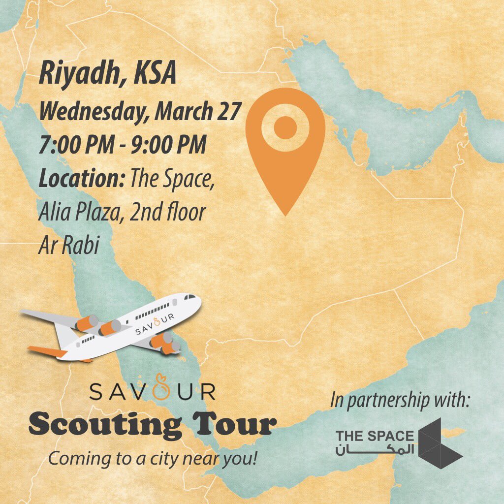 SavourVentures's tweet photo. RIYADH! ๐ธ๐ฆ We're coming soon as part of our #SavourScoutingTour! โ๏ธ๏ธ If you're a startup involved in the food industry and interested in joining an accelerator, join us March 27 atย @TheSpaceKSA to find out how Savour can help you grow your business. https://t.co/UG2sK3lR7M