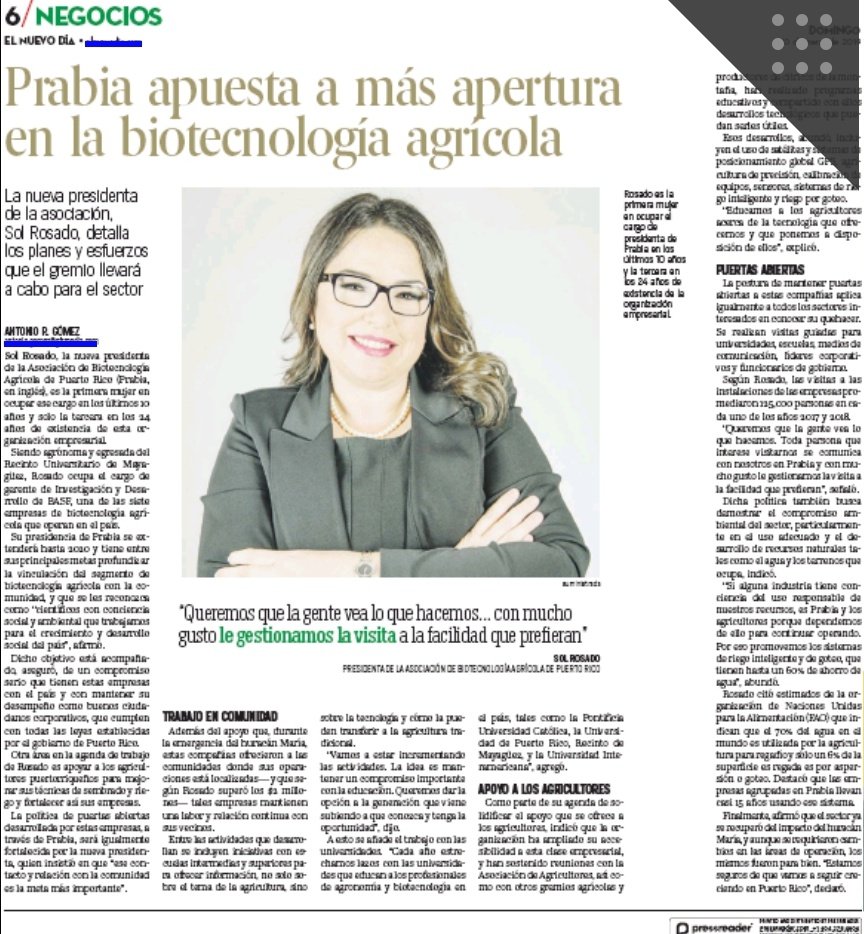 UPR_Oficial's tweet photo. Egresada del Recinto Universitario de Mayagüez de @UPR_Oficial es la nueva presidenta de la Asociación de Biotecnología Agrícola de PR. 

Sol Rosado es la primera mujer en ocupar ese cargo en 10 años y solo la tercera en la existencia de la organización. 

#OrgulloUPR https://t.co/i0eQnJkstm