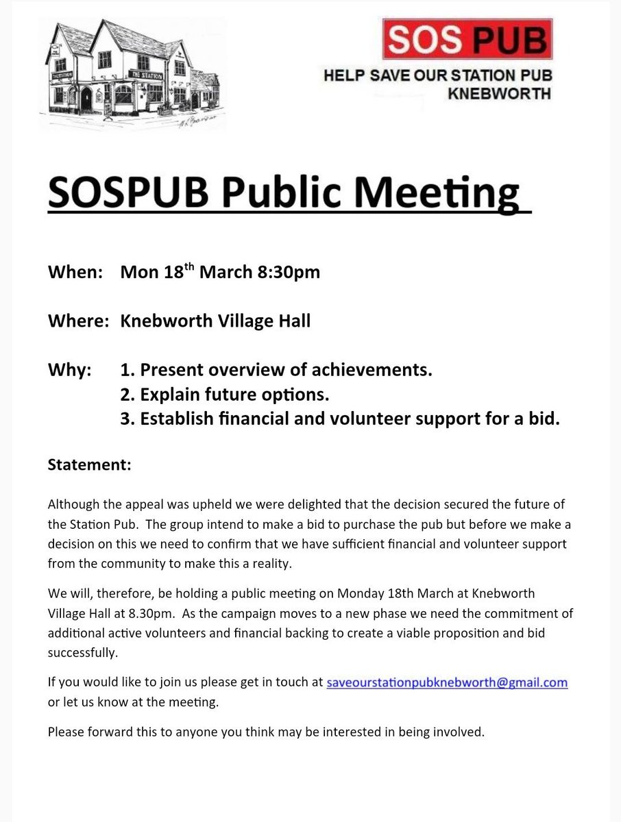 savestationpub's tweet photo. We are holding a public meeting on 18 Mar from 8.30pm at #Knebworth Village Hall to present an overview of the #SOSPub campaign so far, to explain our options going forward &amp; to establish what financial &amp; volunteer support there is to make a bid.Pls attend this important meeting. https://t.co/5JyvOmEd0n