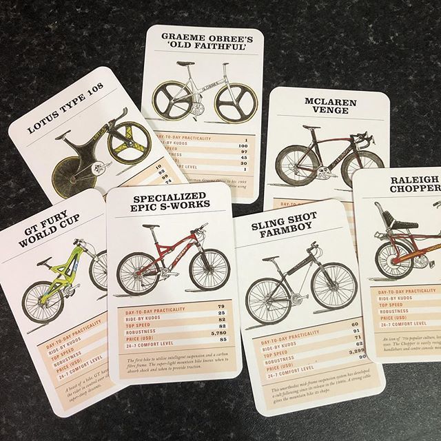 Bike_Ninja_shop's tweet photo. Lazy day today and my son wanted to play top trumps.... naturally he picked these π when cycling worlds collide! #chipofftheoldblock #bikeninja #lotus #chrisboardman #oldfaithful #grahamobree #chopper #venge #gtfury #sworks #slingshot https://t.co/bej6qql1FK https://t.co/w7uItKLJwA