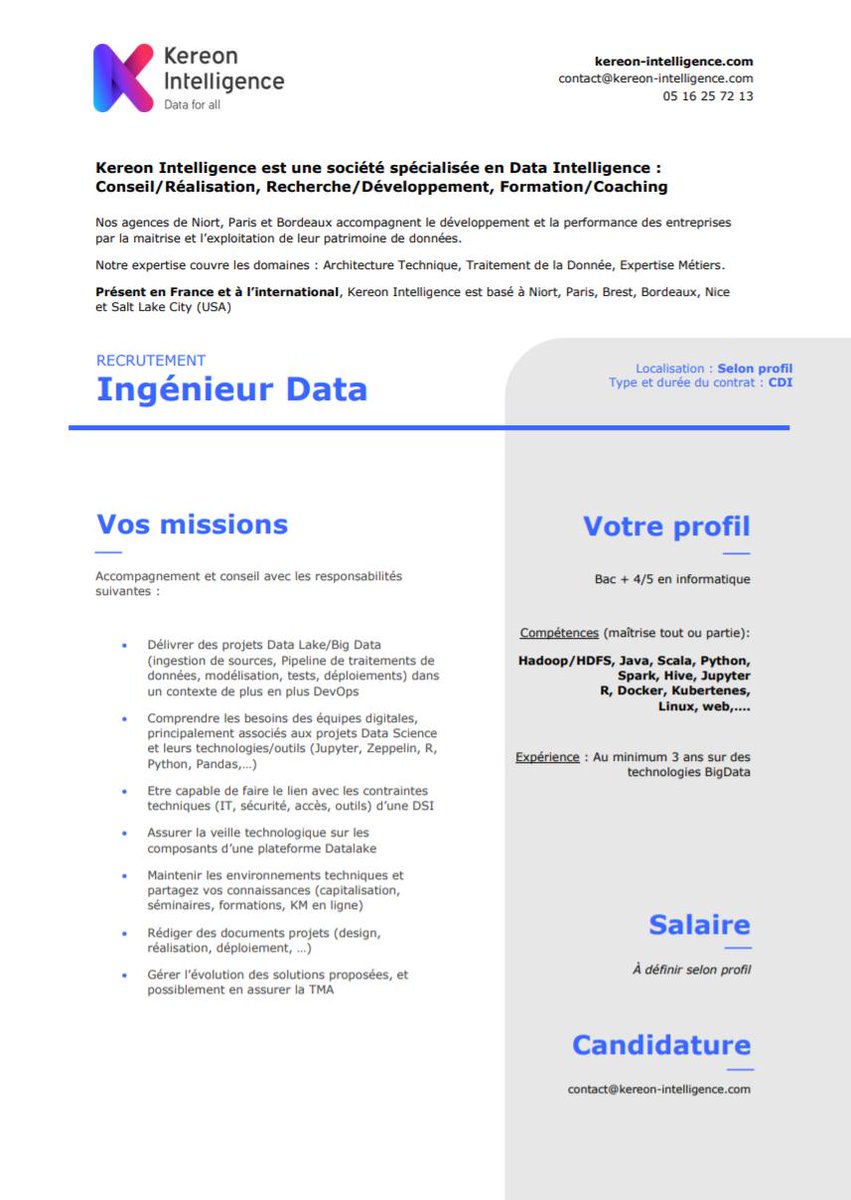 📣Avis aux experts Data qui souhaitent rejoindre un projet motivant et innovant, Kereon Intelligence recrute des profils sur toute la France !
contact@kereon-intelligence.com
