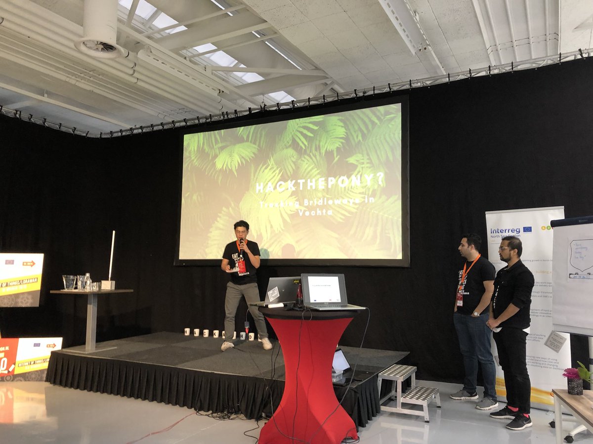 WTHackathon's tweet photo. 1st pitch: Hack the pony!?
Some roads in Germany are made for horses but they are used by cars, bicycles, and others. That’s the challenge. Their solution is Geophone movement tracker.
#hackiot https://t.co/ceOXwEGtS3