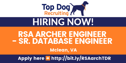 topdogrecruit's tweet photo. #Hiring RSA ARCHER ENGINEER, SR. DATABASE ENGINEER - VA #SecretClearance or higher #SecurityEngineer #ArcherRSA #Windows #Linux #VMware #CISSP #federalagency #USPS #HHS #SSA #Treasury #GSA #NASA #ITsecurity #Engineering #Mclean #VA 
Apply here https://t.co/B0UYvv25x0 https://t.co/uJ1J9r87Ol