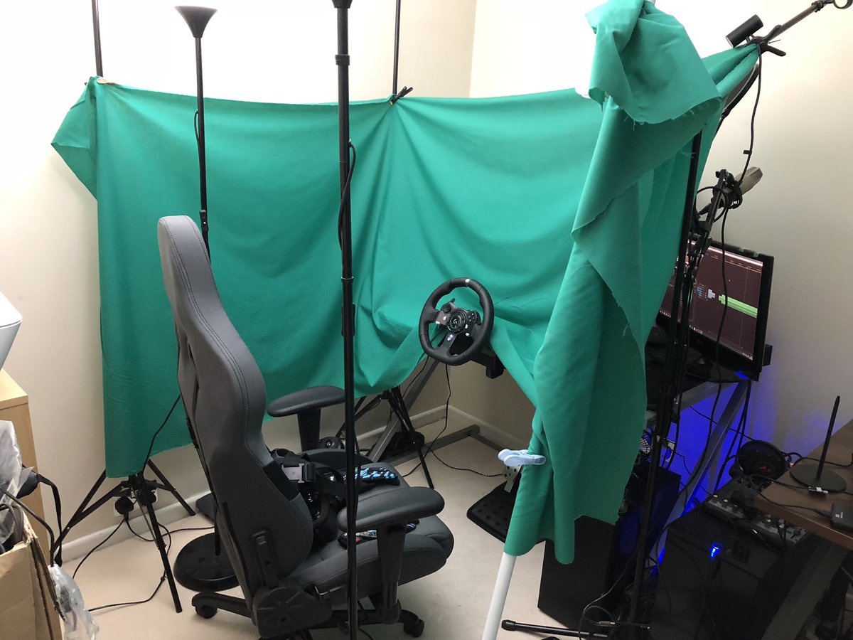 Craig Frost Twitterissa For Those Asking About The Setup For This Video Here S What It Looked Like Gopro On Oculus Rift Greenscreen Behind Wheel Pegged To Some Light Stands And A Shower
