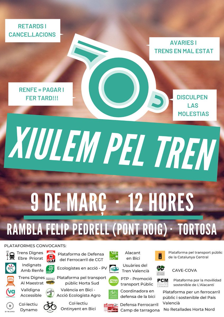 Ahir a #Tortosa vam xiular pel tren🚆

"Trens Dignes' denuncia la desinversió als ferrocarrils i reclamen un millor servei a Catalunya i el País Valencià

Les entitats organitzen una xiulada en simultàniament a Tortosa, Salou, Manresa, València i Ontinyent" #xiulempeltren