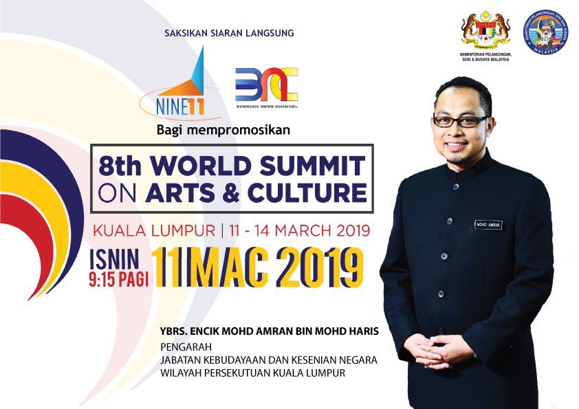 8th WORLD SUMMIT ON ARTS & CULTURE.

Jangan lupa saksikan Encik Mod Amran bin Mohd Haris dalam temu janji berikut:

📺  NINE11, Astro502
🕘 Jam 9.15 pagi

#MyMotac #MalaysiaTrulyAsia #SeniBudaya #VisitMalaysia #ArtSummitKL