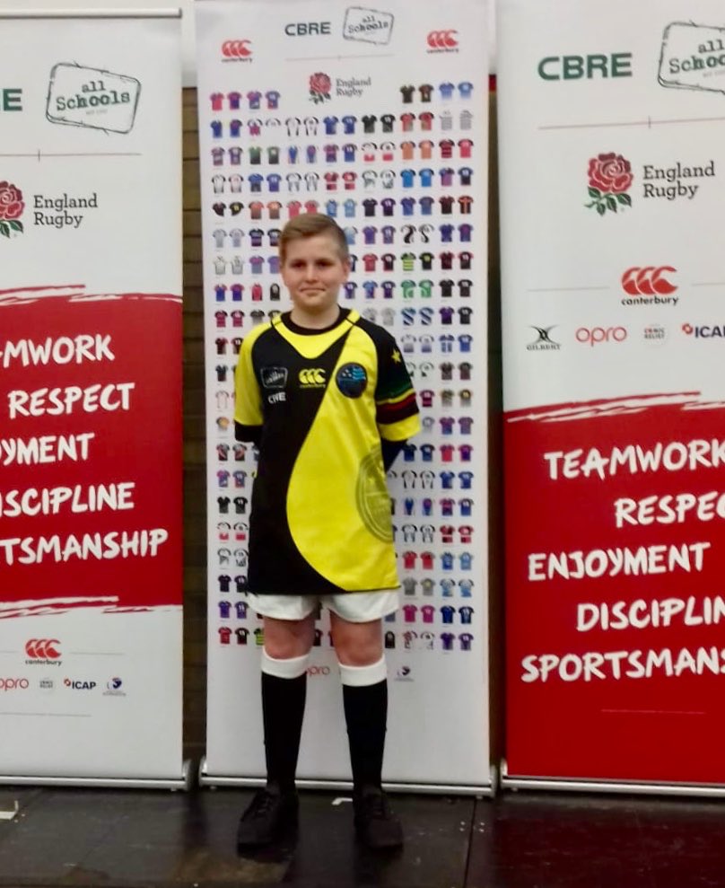 CanveyRugby's tweet photo. Jake from our U12s had a great day at Twickenham yesterday unveiling the new @canterburyNZ Rugby kit designed by pupils from @CorVermuyden as part of the #CBREAllSchools program working with @RFUEssexTeam and @maxlecountward. Thanks to everyone at @AgeGradeRugby for organising https://t.co/ZBB2jliFOY