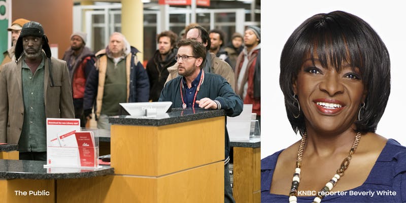 movie scene frame and headshot of reporter