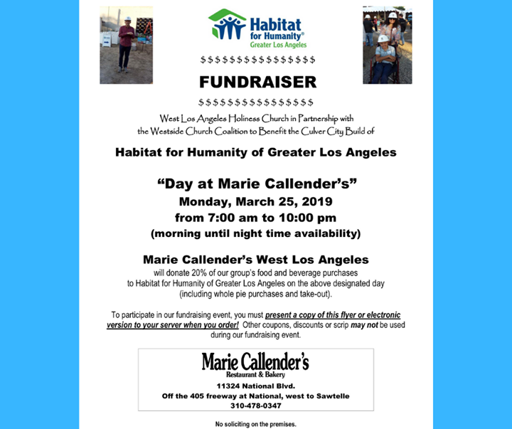 HabitatLA's tweet photo. On Monday, March 25, spend a day at Marie Callender's on National Bl. and 20% of your total order will be donated to #HabitatLA! You must present this flier. Please print or DM us and we will email you. Thank you for your support! #BuildingInFaith #Fundraiser #AffordableHousing https://t.co/zjfiu2kojL