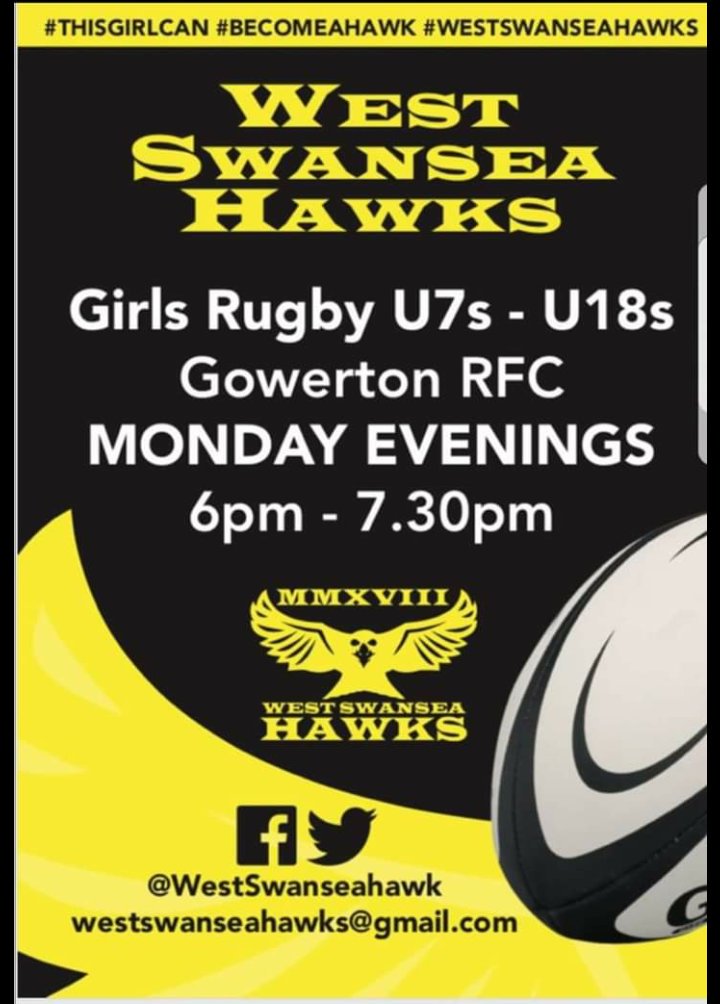 The only Girls Rugby Hub in Swansea, Start Your Rugby Journey With Us
Every Monday 6:00-7:30pm
Age groups U7s to U18s🏉 #thisgirlscan #becomeahawk 
<a href="/Dave9969/">DaveG-W</a> @JoePDavies1988 <a href="/MattSilva70/">Matt Silva 💙</a> <a href="/welshwomensrugb/">welshwomensrugby</a> <a href="/HawksRugby/">HAWKS</a> <a href="/CommunityOsprey/">Ospreys in the Community</a> <a href="/GowertonRFCGirl/">Gowerton RFC Girls</a> <a href="/Womeninsport_uk/">Women in Sport</a> <a href="/ScrumQueens/">Scrumqueens - Women’s Rugby</a>