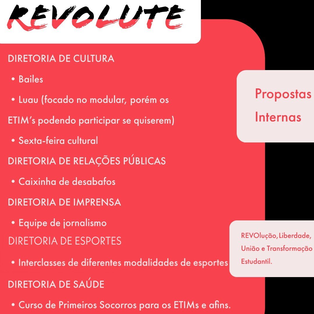 REVOLUTE12's tweet photo. PROPOSTAS OFICIAIS DA CHAPA REVOLUTE.

#VoteComSabedoria
#VoteREVOLUTE

- Revolução, Liberdade, União e Transformação Estudantil. https://t.co/jXCj6RAUyb