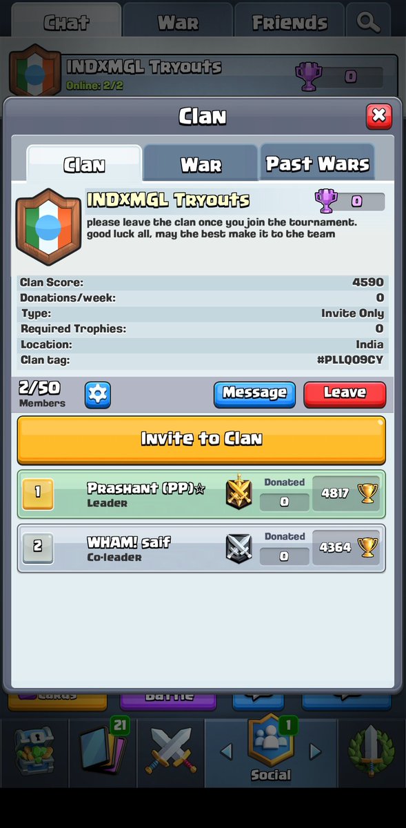 The clan for the tournament has been made, if you had registered for the same you will be accepted to the clan.
Make sure to come by the account which you registered. Good luck all. 💪